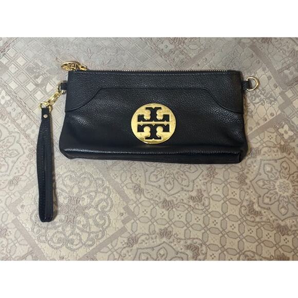 Tory Burch Shoulder Bag Clutch Black Leather EUC Crossbody Interior Wallet - Picture 1 of 5